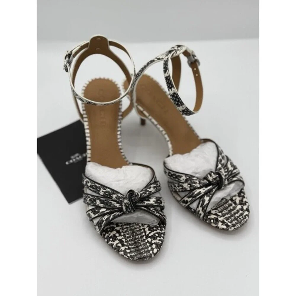 Coach Meg Land Snake Embossed Leather Sandals Heels in black and white  Size 8.5